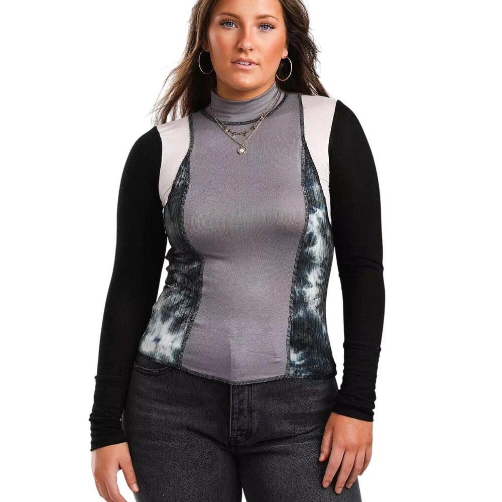 Gilded Intent Top Size Large Colorblock Tee Mock Neck Long Sleeve Pullover Multi